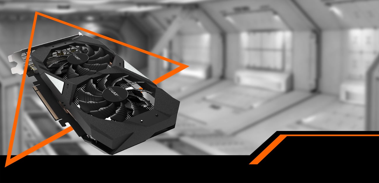 GIGABYTE GV-N1660OC-6GD graphics card facing up coming down to the right through an orange triangle. The background is a black-and-white space hangar