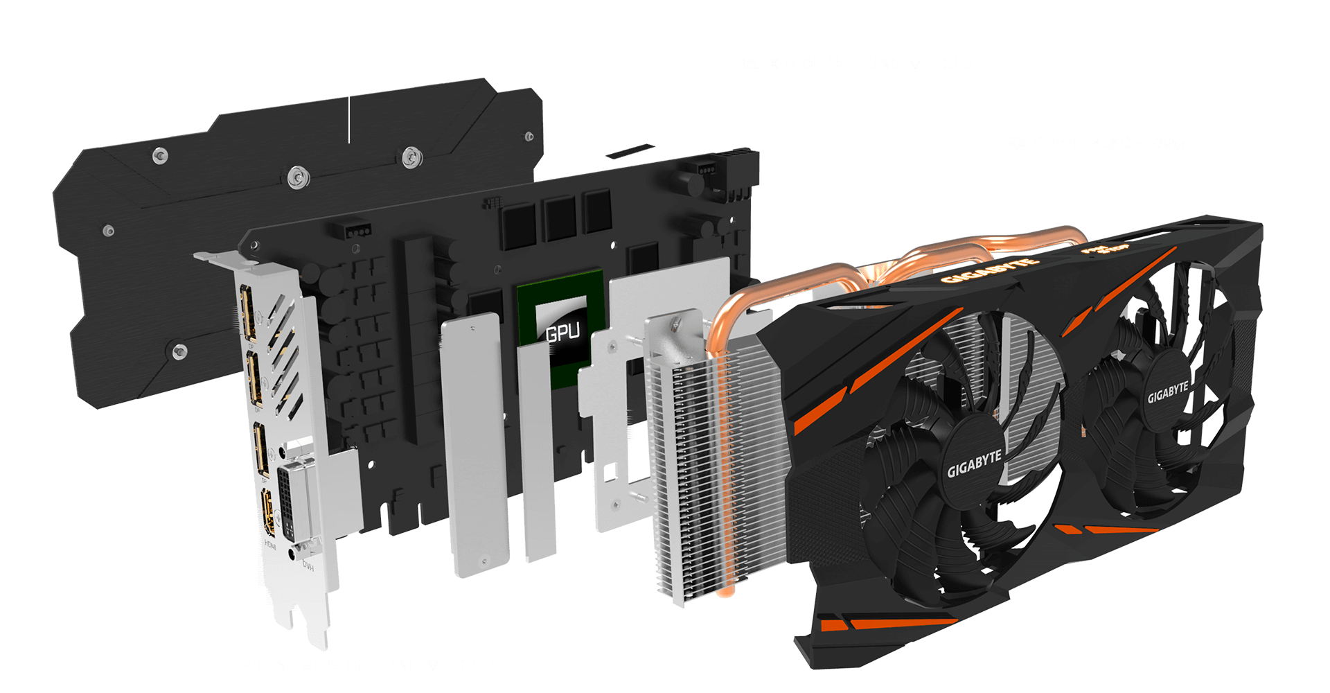 gigabyte radeon rx 590 facing to the right with all its pieces detaches and floating behind it, there is text from right to left indicating each piece: Two 80mm blade fans, front-side cooling module, GPU and back-side cooling module