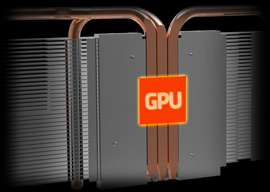 The heat sink and heat pipes surrounding the GPU