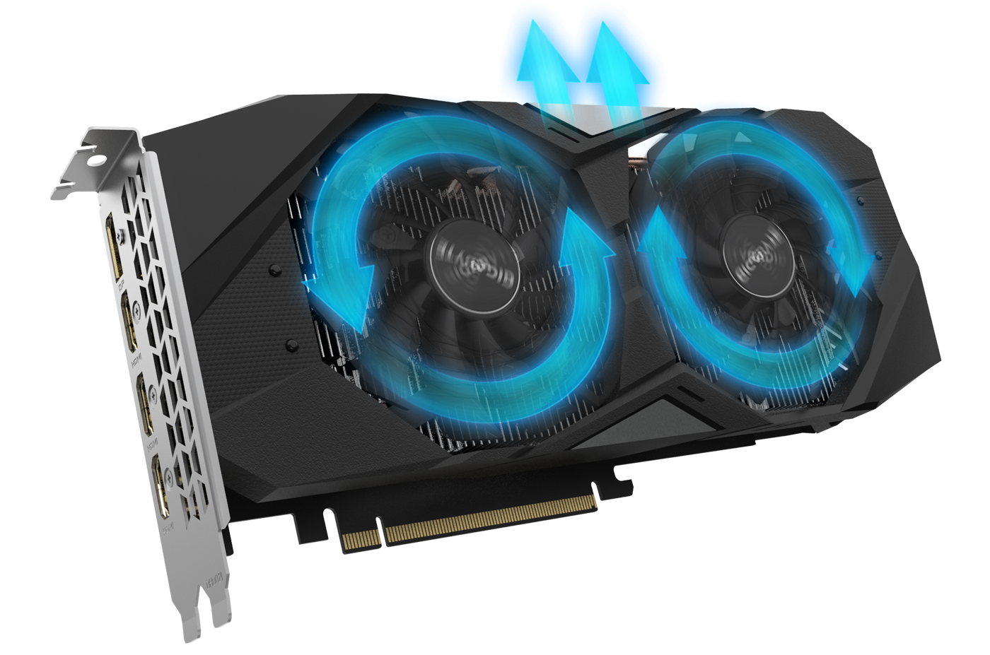 GIGABYTE GV-N208TWF3OC-11GC graphics card angled up to the right with blue graphics showing the airflow its spinning fans create