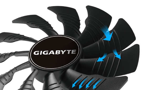 GIGABYTE GV-N208TWF3OC-11GC graphics card's fans with blue arrows going through the divots on the fan blades