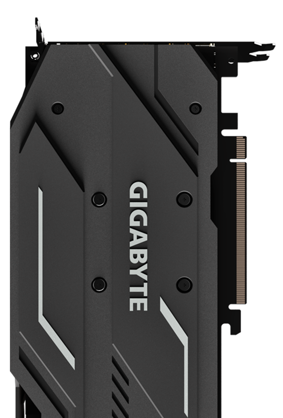 Back of the GIGABYTE GV-N208TWF3OC-11GC graphics card that's standing up