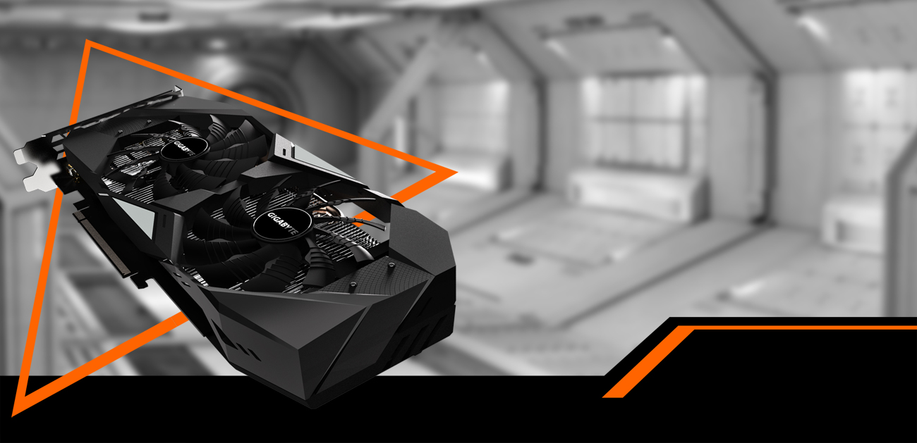 GIGABYTE GV-N208TWF3OC-11GC graphics card coming down to the right with a black and white spaceship hangar behind it