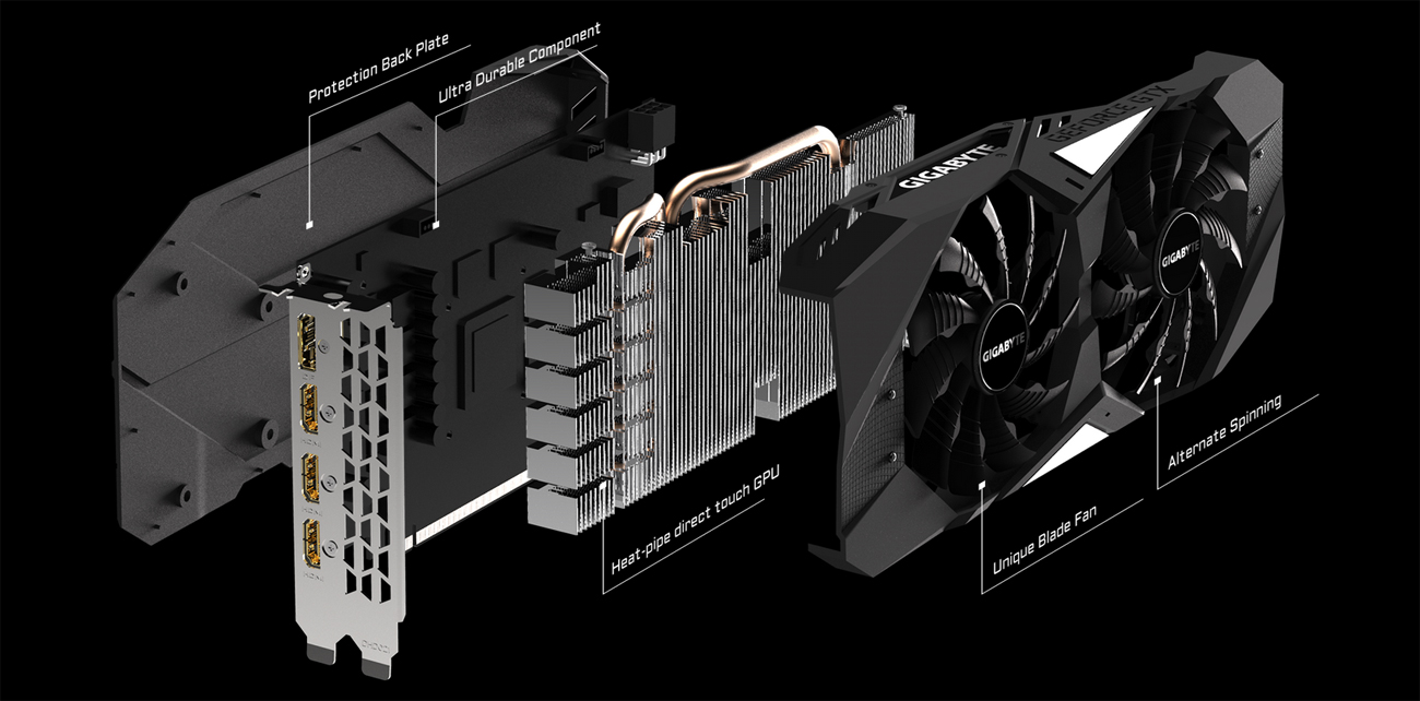All the pieces of the GIGABYTE GV-N208TWF3OC-11GC graphics card angled to the right, one behind the other