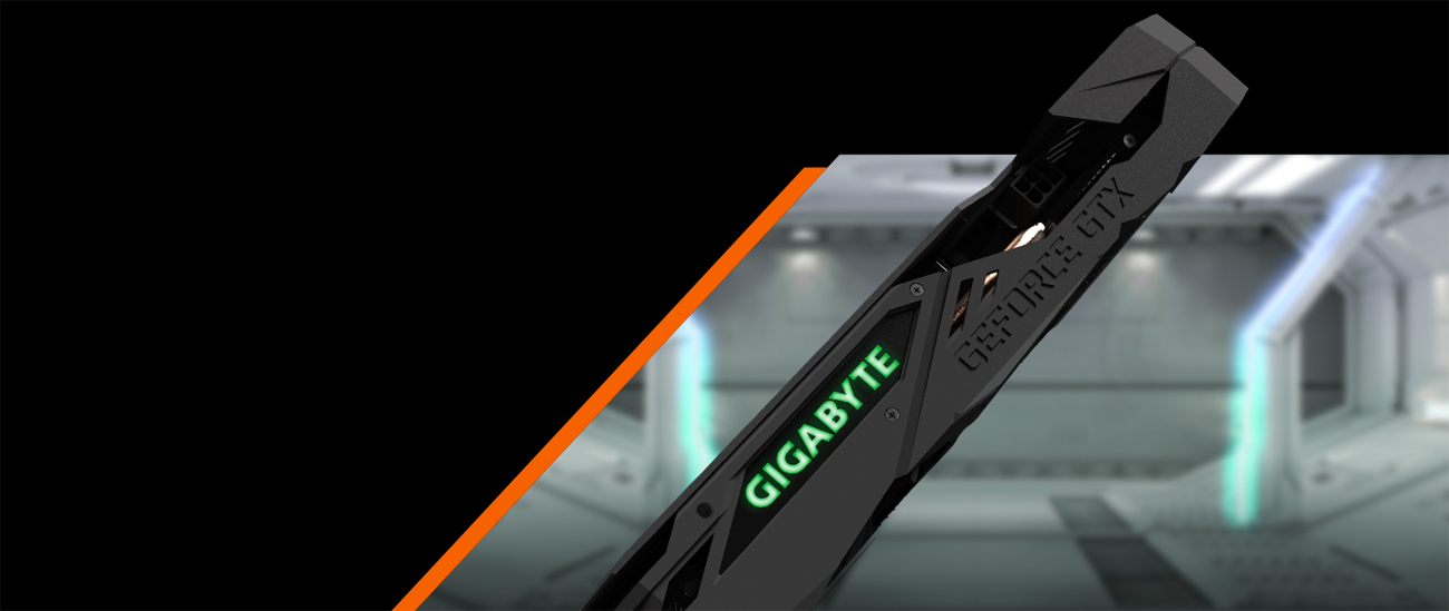 GIGABYTE GV-N208TWF3OC-11GC graphics card side profile in front of a spaceship hangar