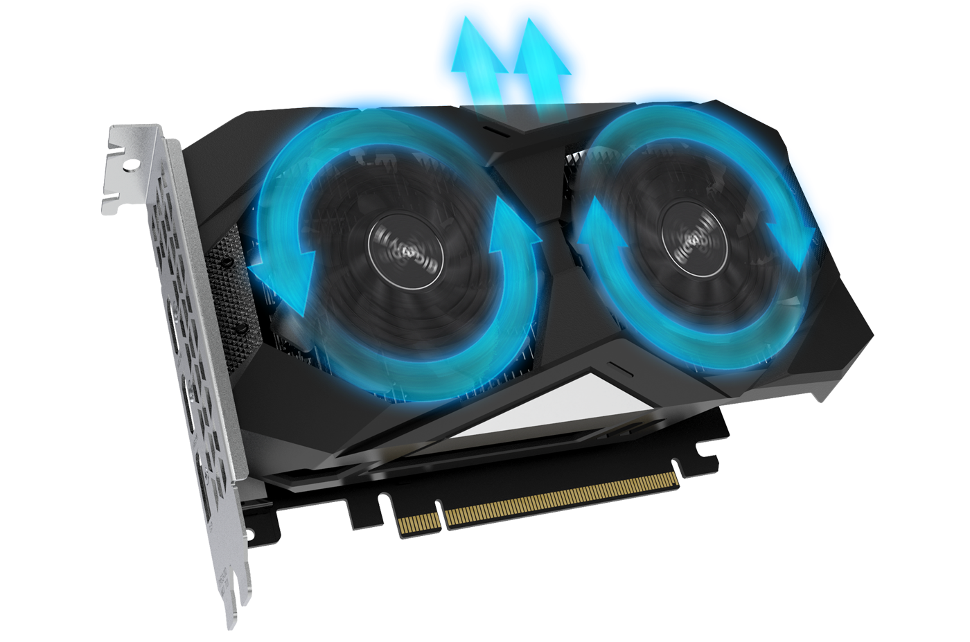 GIGABYTE GV-N1650OC-4GD graphics card angled up to the right with blue graphics showing the airflow its spinning fans create