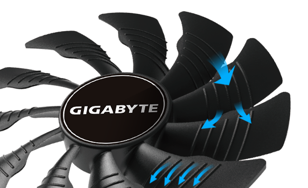 GIGABYTE GV-N1650OC-4GD graphics card's fans with blue arrows going through the divots on the fan blades