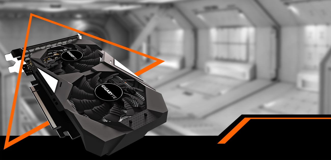 GIGABYTE GV-N1650OC-4GD graphics card coming down to the right with a black and white spaceship hangar behind it