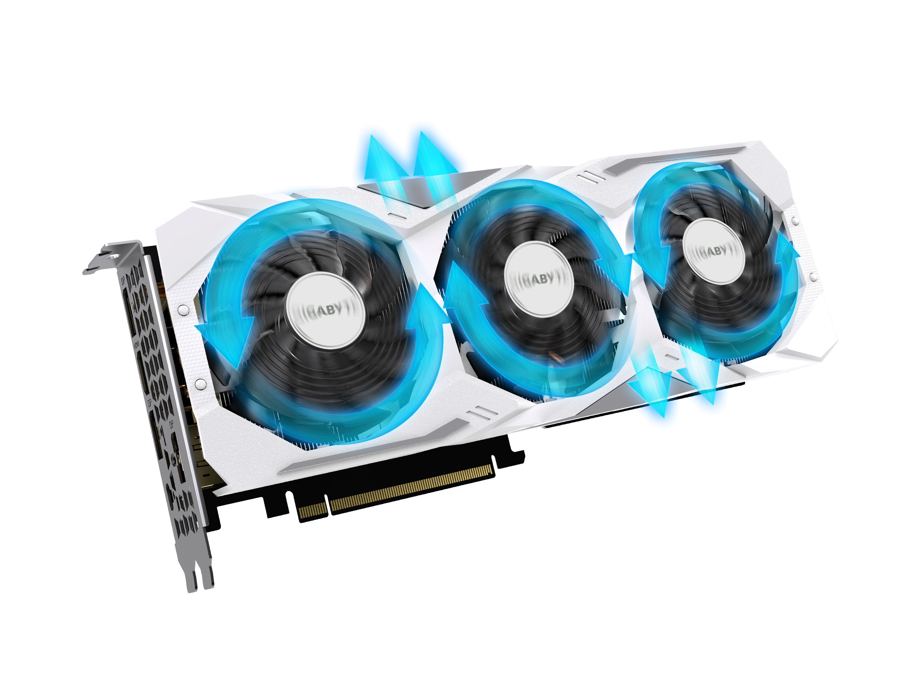 GIGABYTE GeForce RTX 2070 Graphics Card Angled Up to the Right with Blue Arrow Graphics showing fan spinning and the resulting airflow directions