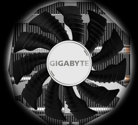 GIGABYTE Branded Fan Facing Forward in Front of the Graphics Card's Heatsink