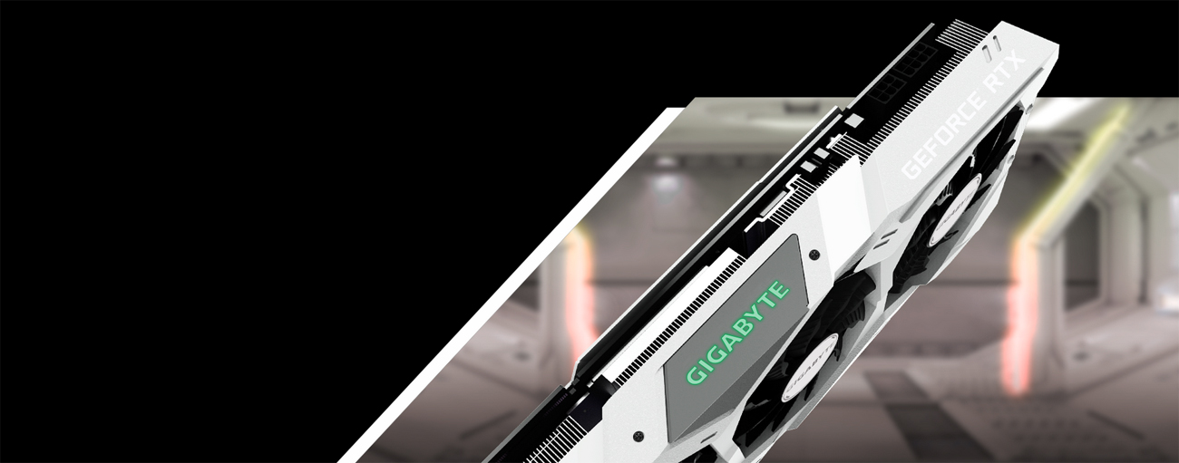 Side Profile Shot of the GIGABYTE GeForce RTX 2070 Graphics Card Facing Down to the Right in Front of a Spaceship Hangar