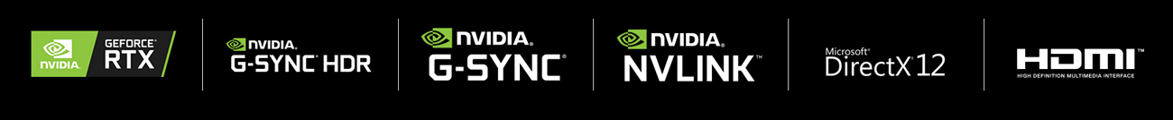 Badges for NVIDIA GeForce RTX, NVIDIA G-SYNC HDR, NVIDIA G-SYNC, NVIDIA NVLINK, Microsoft DirectX 12 and HDMI