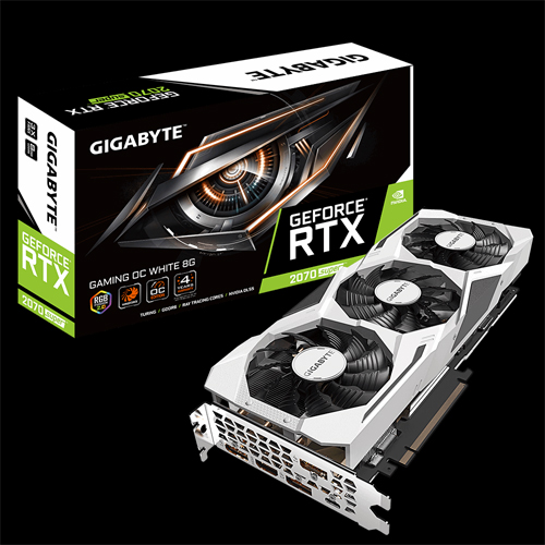 GIGABYTE GEFROCE RTX 2070 GV-N207SGAMINGOC WHITE-8GC Graphics Card Angled Up Next to Its Product Box