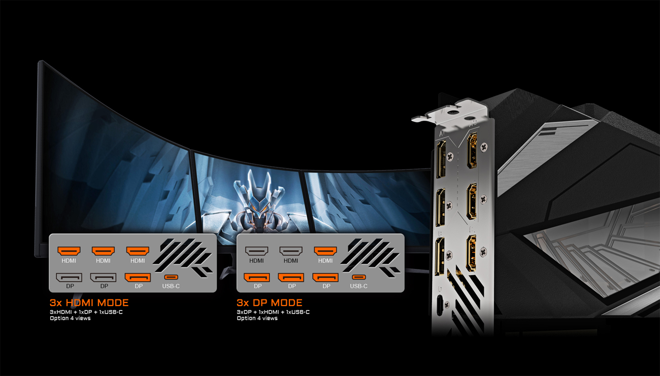 An image shows AORUS GeForce® RTX 2080 SUPER™ WATERFORCE 8G Graphics Card's outputs. Total of 7 video outputs compared to the reference card 5 video outputs, can choose 3xHDMI + 1xDP + 1xUSB-C or 3xDP + 1xHDMI + 1xUSB-C for the monitors.