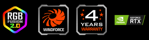 features icon for RGB Fusion 2.0, Windforce, 4 Years Warranty, NVIDIA Geforce RTX