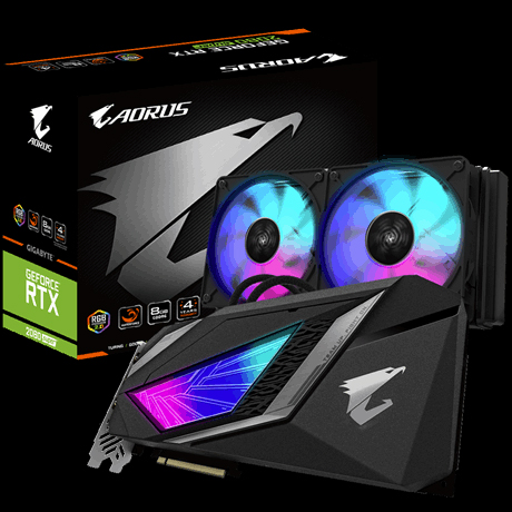 GIGABYTE AORUS GeForce® RTX 2080 SUPER™ WATERFORCE 8G Graphics Card and Cooling System Next to Their Product Box