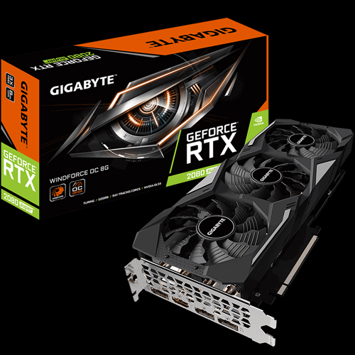 GeForce® RTX 2080 SUPER™ WINDFORCE OC 8G Graphics Card and it's Product Box