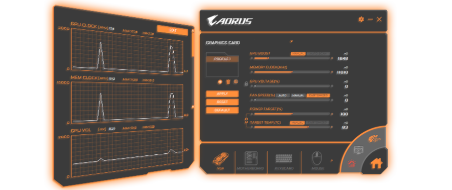 GeForce® RTX 2070 SUPER™ GAMING OC 3X 8G Graphics Card and AORUS's software interface