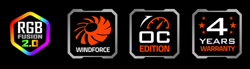 features icon for RGB Fusion 2.0, Windforce, 4 Years Warranty, NVIDIA Geforce RTX