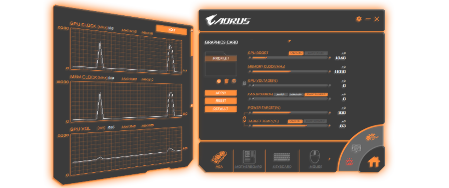 
GeForce® GTX 1660 SUPER™ GAMING OC 6G Graphics Card and AORUS's software interface