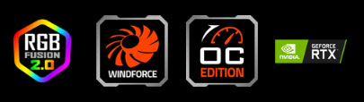 features icon for Windforce, OC EDITION, NVIDIA Geforce RTX, RGB FUSION 2.0