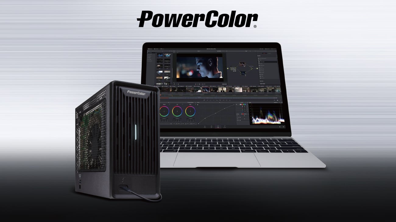 PowerColor Mini Next to an Open Laptop with Video Editing Software