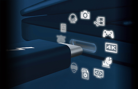 A graphic showing a usb-c being plugged in and icons for all its capabilities like gaming and multimedia