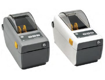 White and Gray ZD410 Printers Angled Down to the Left
