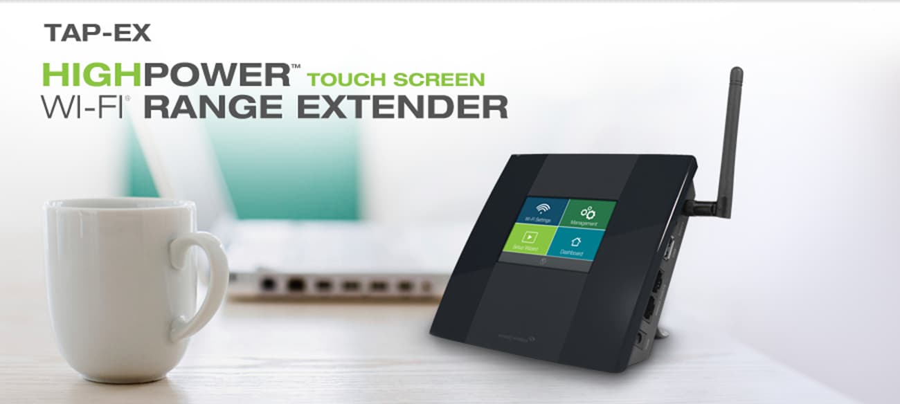 High Power TAP-EX banner showing the device on a desk facing to the left next to a coffee mug and open laptop