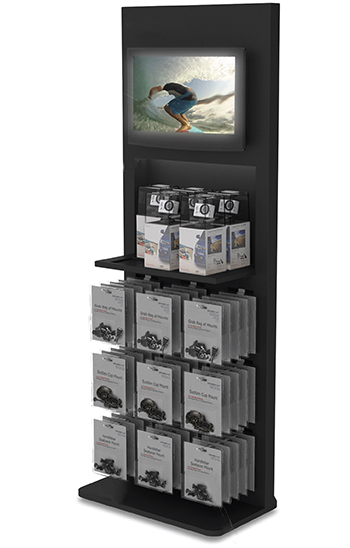 A Retail Kiosks with a Screen above rows of products