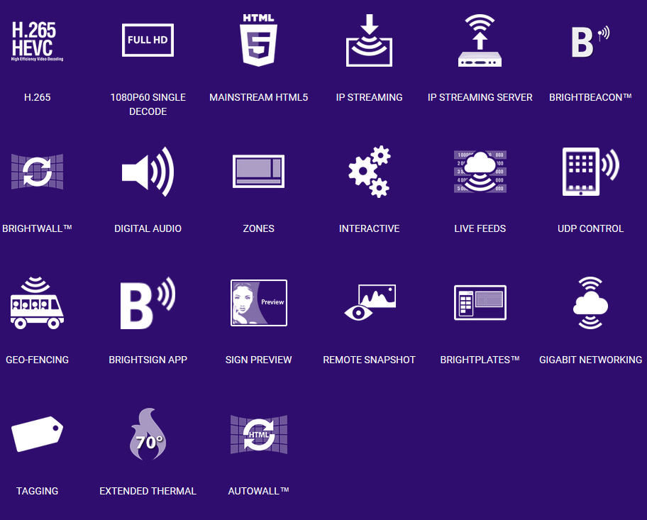 Icons showing the features of the HO523 player from H.265 to Autowall technology