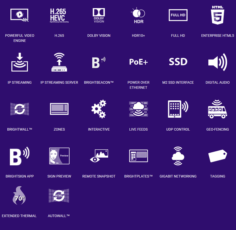 The XT244 Player's Features Represented in Icons from Powerful Video Engine to AutoWall Technology