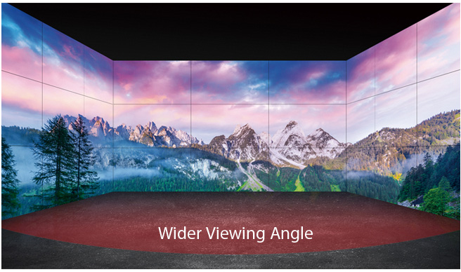 A Fleet of Mounted LG Displays sharing a Panroamic Image of Snow-Covered Mountains and a Misty Forest