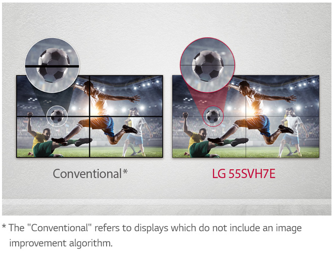 LG displays showing a closeup soccer game where to players a jumping feet first to try and kick a suspended soccer ball. Below the left collection of four displays is text that reads: Conditional and below the right collection of 4 displays is text that reads: LG 55SVH7E, each collection has a hot spot closeup of the soccer ball and the LG displays are connecting better than the conventional displays. There is also disclaimer text that reads: The 