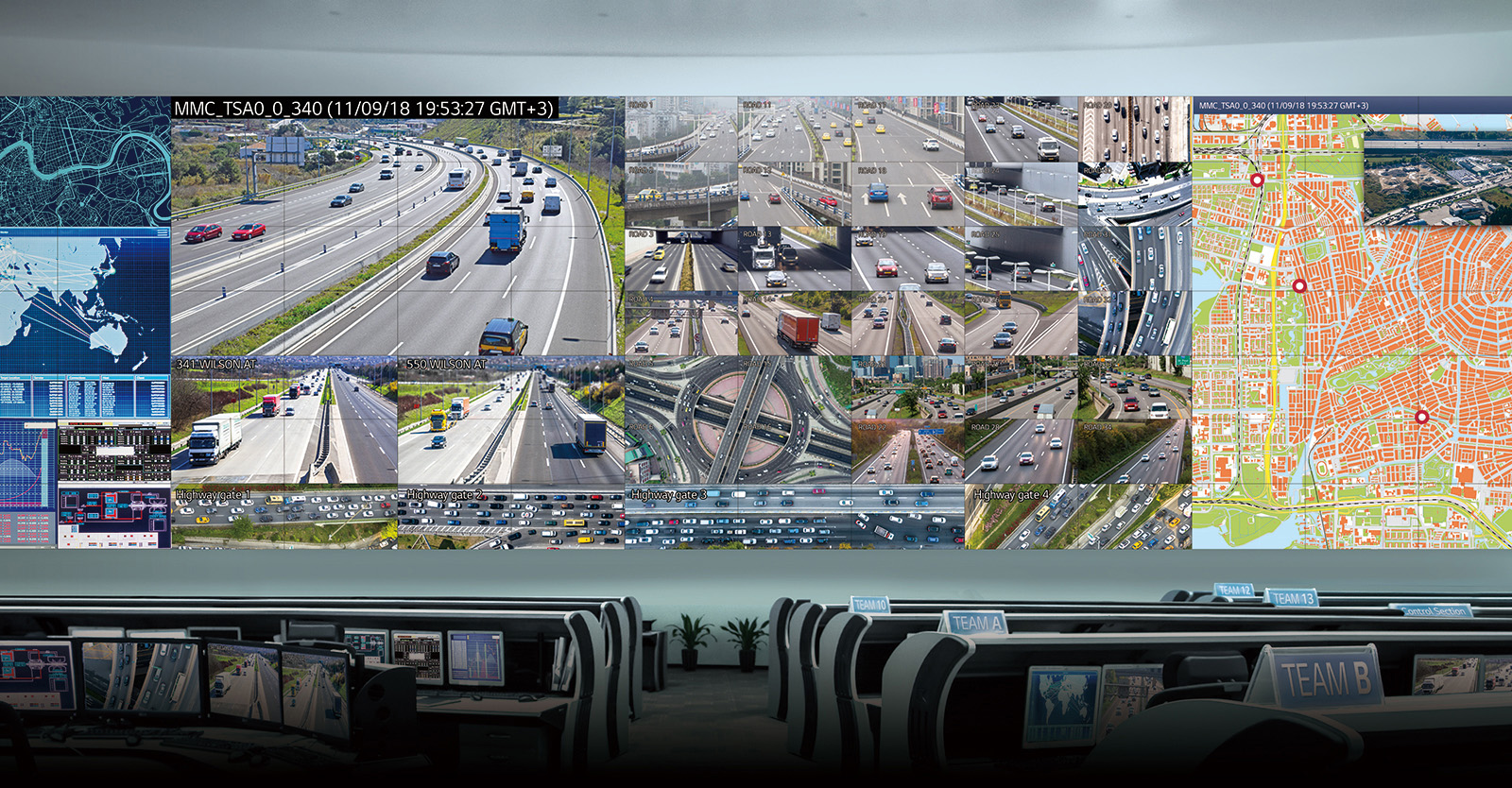LG Displays Mounted in a Control Center That is Monitoring Different Highway Feeds and Overlay Maps for Traffic Control