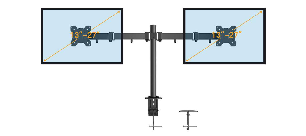 diagram of monitor sizes that HUANUO Dual Monitor Stand is compatible with