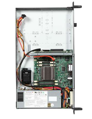 Supermicro SYS-5018A-FTN4 with Its Top Cover Removed, Standing Up, Facing to the Left