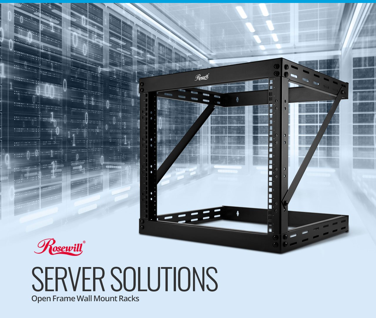 Rosewill RSR-2P9U001 server wall mount angled to the left with graphics of an information infrastructure and text that reads: SERVER SOLUTIONS - Open-Frame Wall-Mount Racks