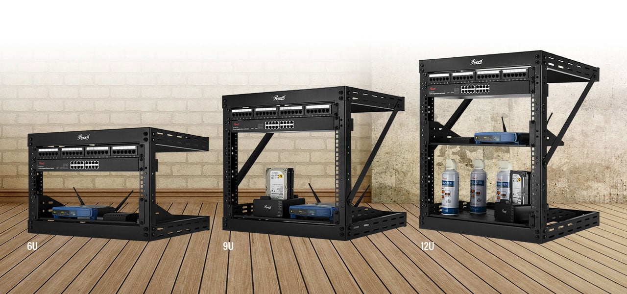 The three different Rosewill RSR-2P9U001 server rack wall-mount kits in 6U, 9U and 12U