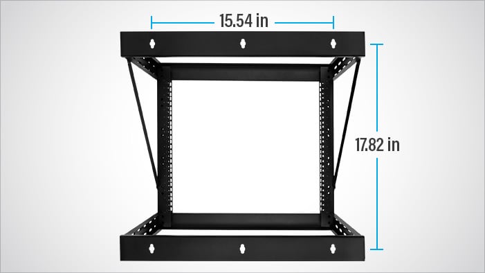 Rosewill RSR-2P9U001 server wall mount rack facing forward with dimensions showing: 15.54 inches width and 12.59 inches height