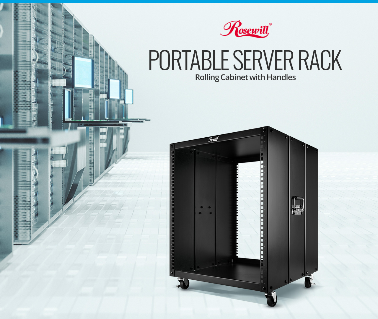 Rosewill RSPR-12U001 portable server rack angled to the left next to server racks and monitor setups. There is text that reads: Rolling Cabinet with handles