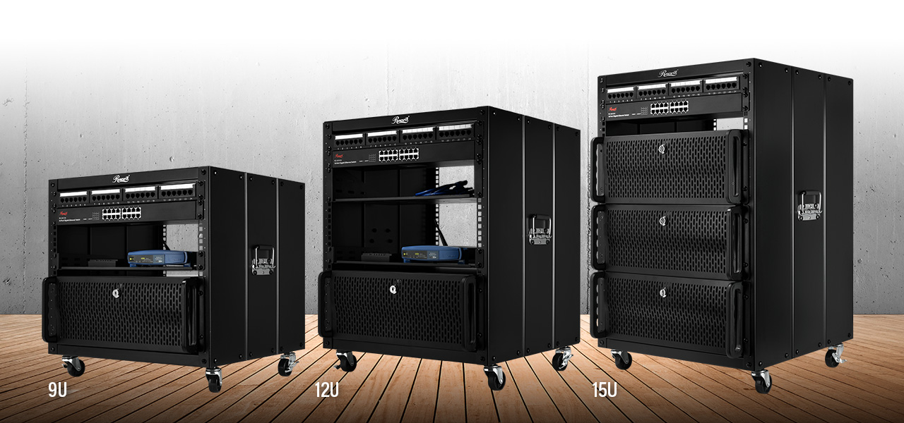 Rosewill 9U, 12U and 15U models angled to the left on a wood-panel floor