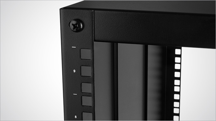 Closeup of the markings on the rails of the Rosewill portable server rack