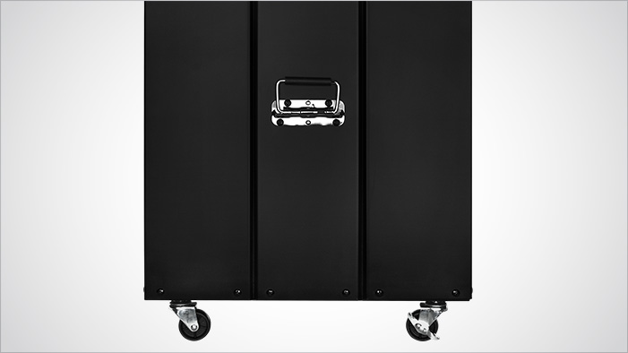 side of the Rosewill portable server rack with its handle and wheels