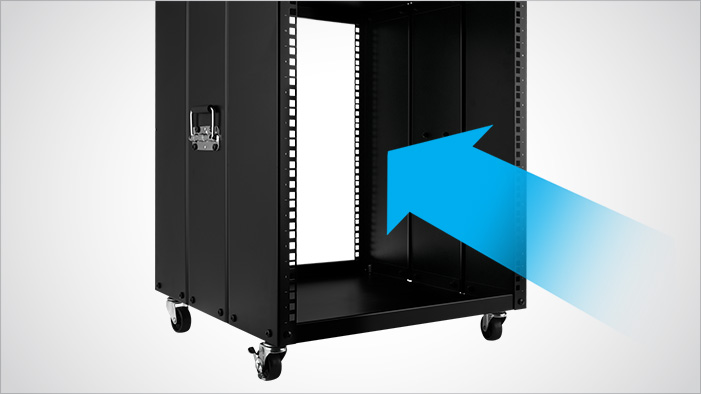 A blue arrow going through the portable Rosewill server rack