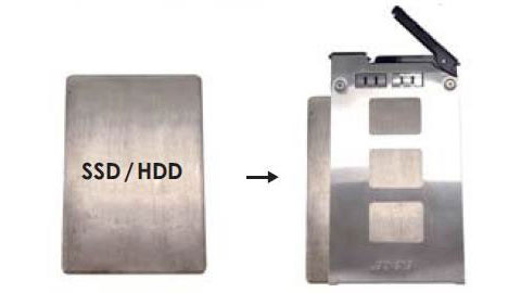 An SSD/HDD block approaching the tray