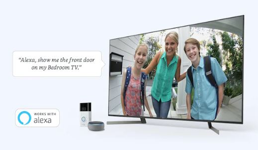 The TV shows what the front door camera is capturing via voice command.Beside the TV is Amazon Echo and a door camera