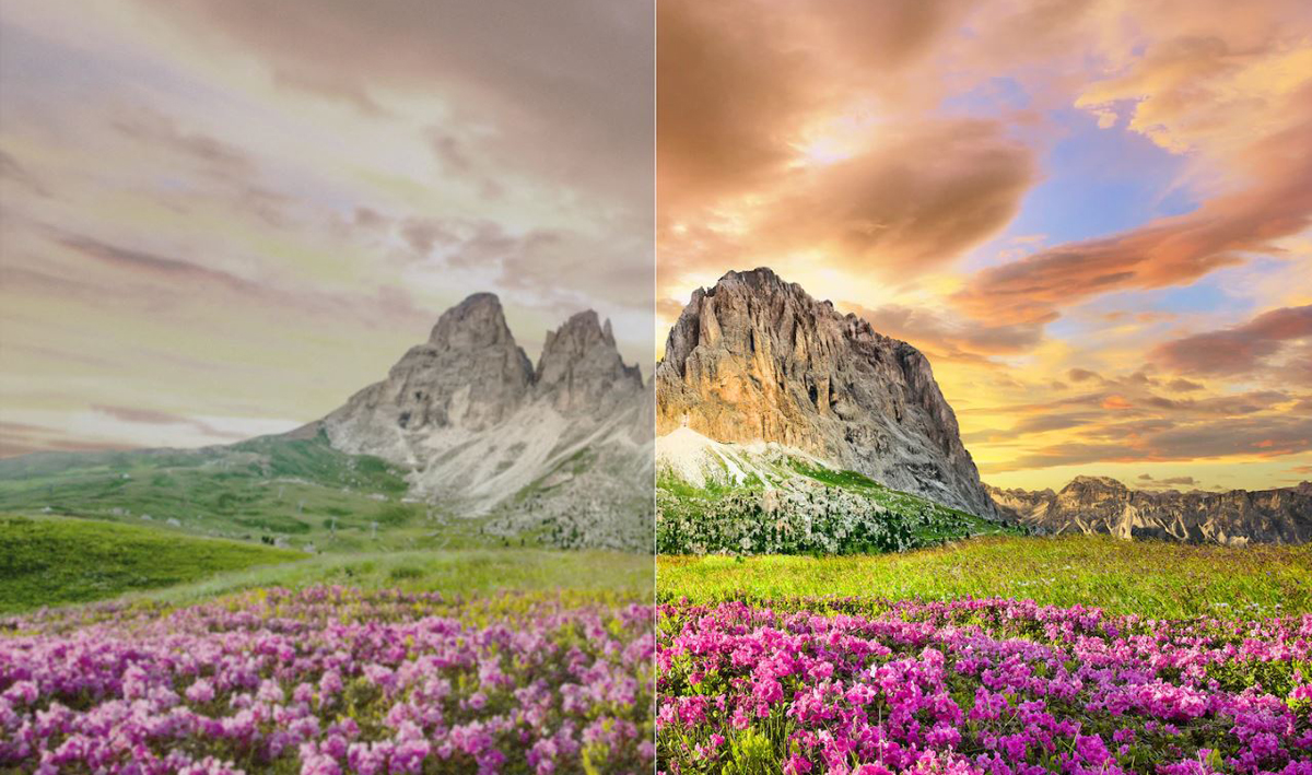 A comparison between a half of a scenery image with X1 Ultimate and the other half without.
