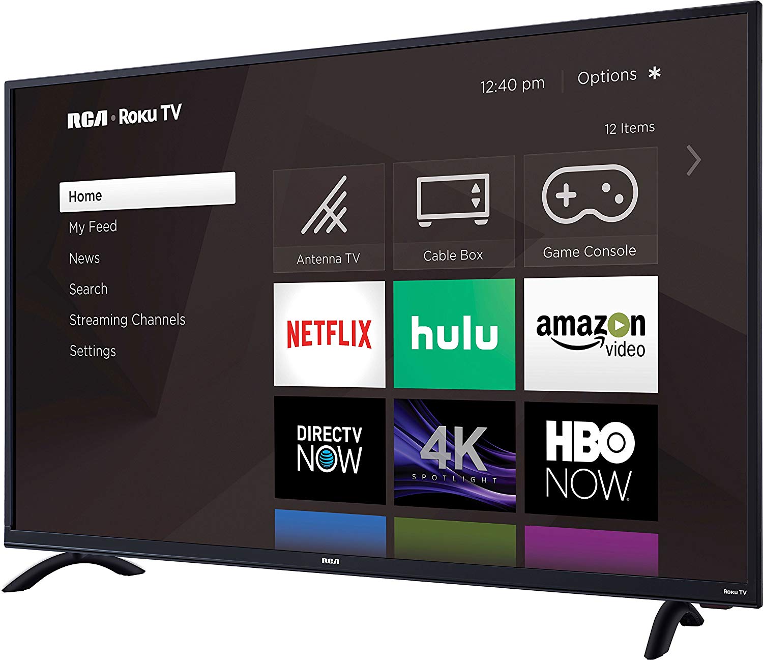 The RCA RTRU5028-CA TV facing to the left showing the Roku TV home screen