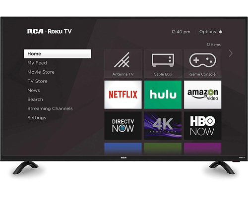 The RCA RTRU5028-CA display with the ROKU TV home screen